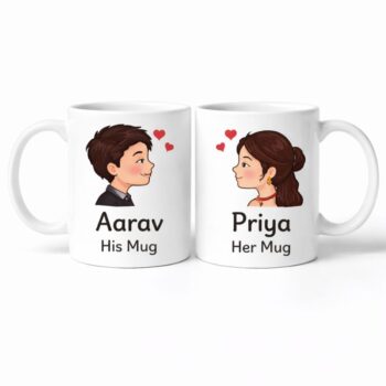 Personalised couple mug set with custom names His Mug and Her Mug printed on white ceramic mugs