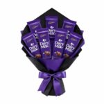 Luxury Cadbury Dairy Milk chocolate bouquet wrapped in black and purple premium paper with satin ribbon for gifting