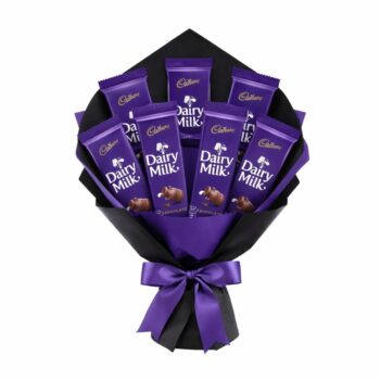 Luxury Cadbury Dairy Milk chocolate bouquet wrapped in black and purple premium paper with satin ribbon for gifting