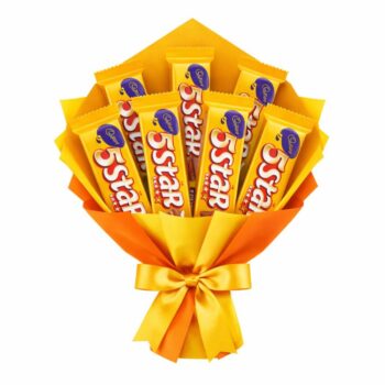 Luxury Cadbury 5 Star chocolate bouquet wrapped in golden and orange premium paper with satin ribbon for gifting