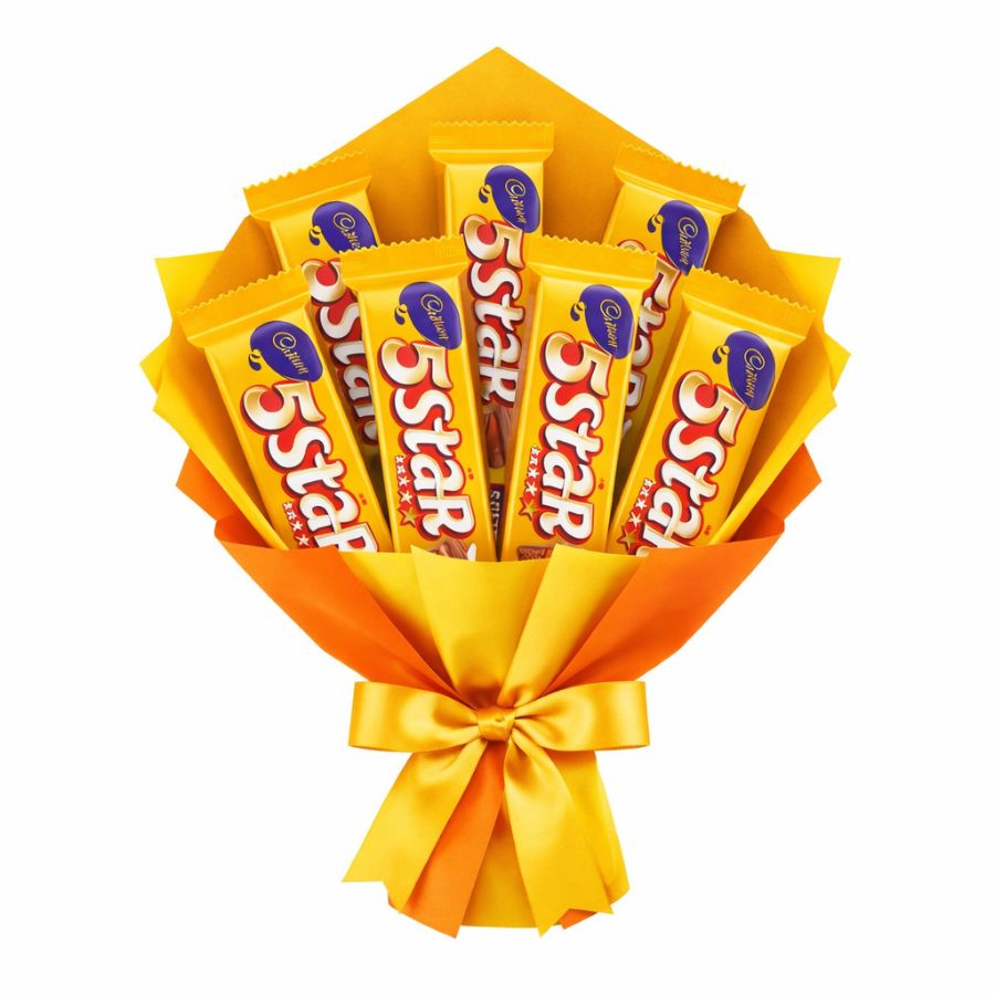 3 Luxury Cadbury 5 Star chocolate bouquet wrapped in golden and orange premium paper with satin ribbon for gifting