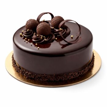 Luxury chocolate mirror glaze cake with glossy finish, truffle layers, chocolate spheres and gold accents
