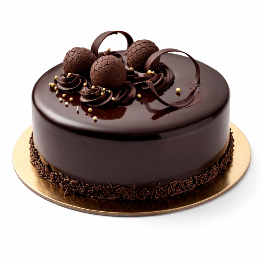 32 Luxury chocolate mirror glaze cake with glossy finish, truffle layers, chocolate spheres and gold accents