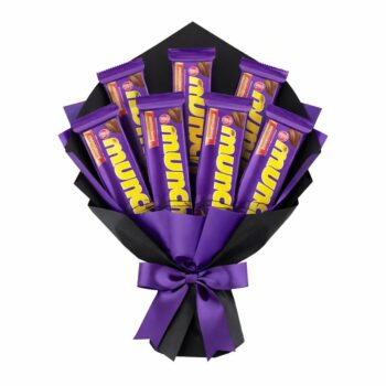 Luxury Cadbury Munch chocolate bouquet wrapped in matte black and royal purple paper with satin ribbon for gifting