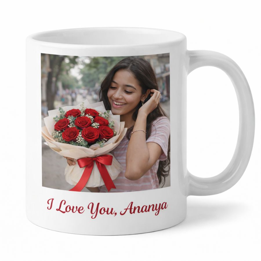 44 Custom personalised photo mug with romantic message and red rose bouquet image printed on white ceramic mug