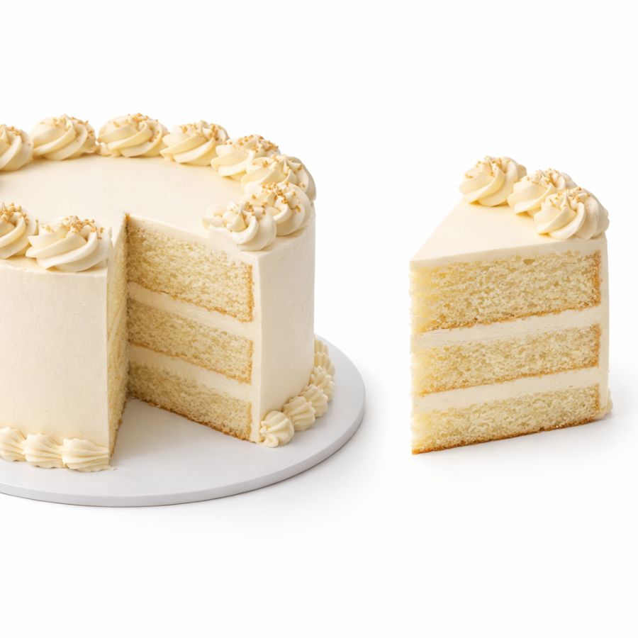 7 Premium classic vanilla cream layered celebration cake with smooth ivory frosting and decorative cream piping