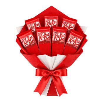 Luxury KitKat chocolate bouquet wrapped in red and white premium paper with satin ribbon for romantic gifting