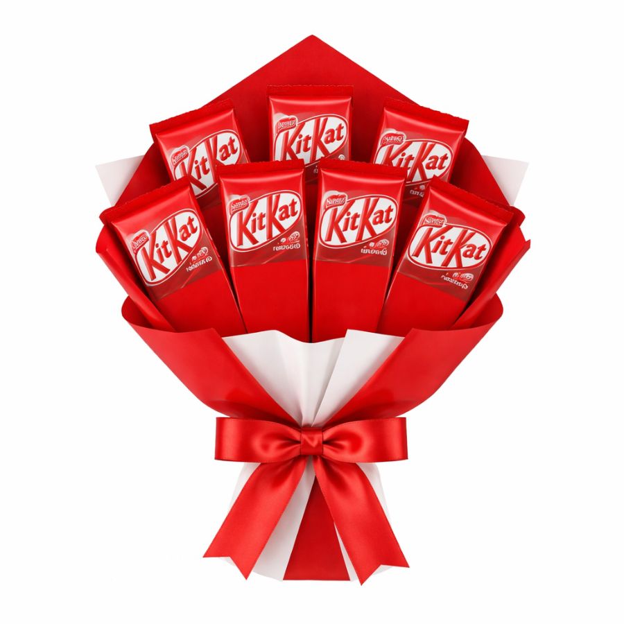 5 Luxury KitKat chocolate bouquet wrapped in red and white premium paper with satin ribbon for romantic gifting